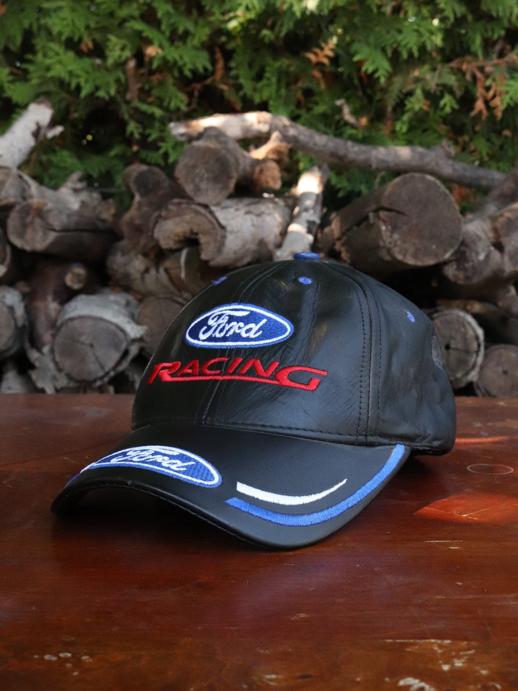 Vintage Ford Racing Leather Hat Adult Black Strap Back from propervintagecanada