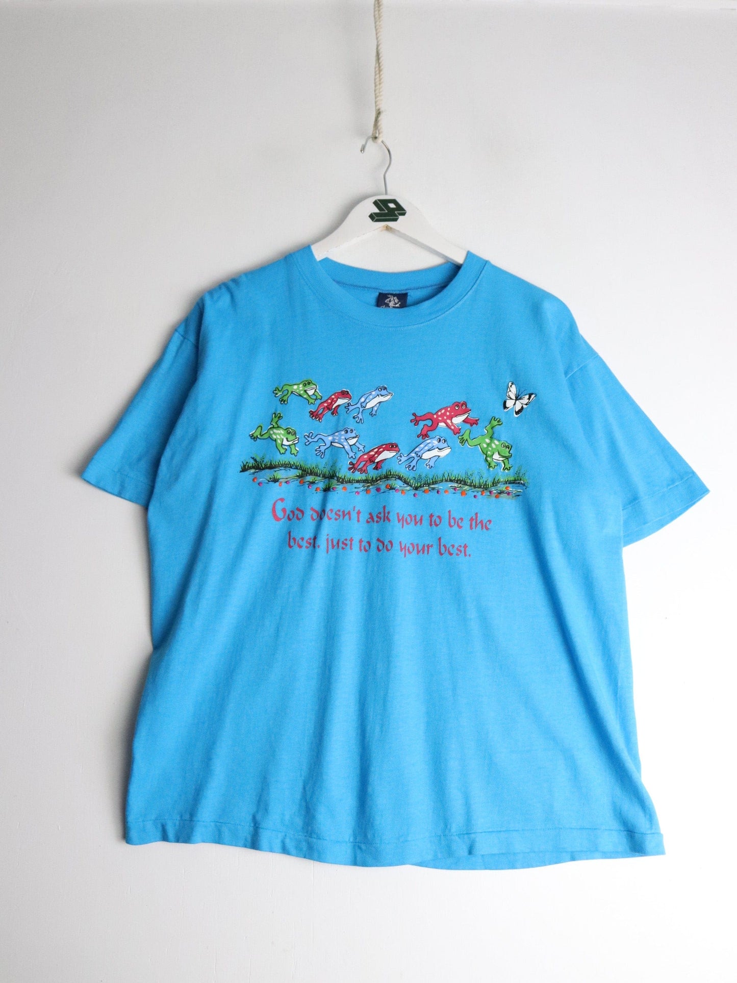 Vintage God Doesn't Ask T Shirt Mens Medium Blue 90s from propervintagecanada