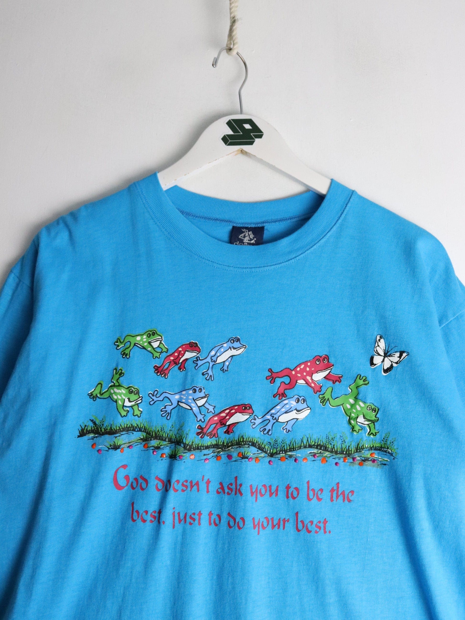 Vintage God Doesn't Ask T Shirt Mens Medium Blue 90s from propervintagecanada
