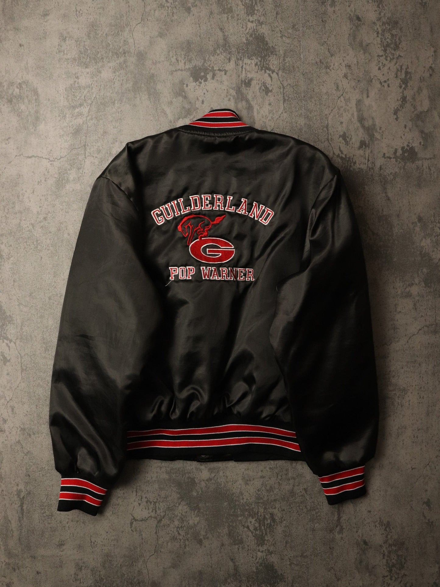 Vintage Guilderland Pop Warner Jacket Mens Large Black Satin Snap On Coat from propervintagecanada