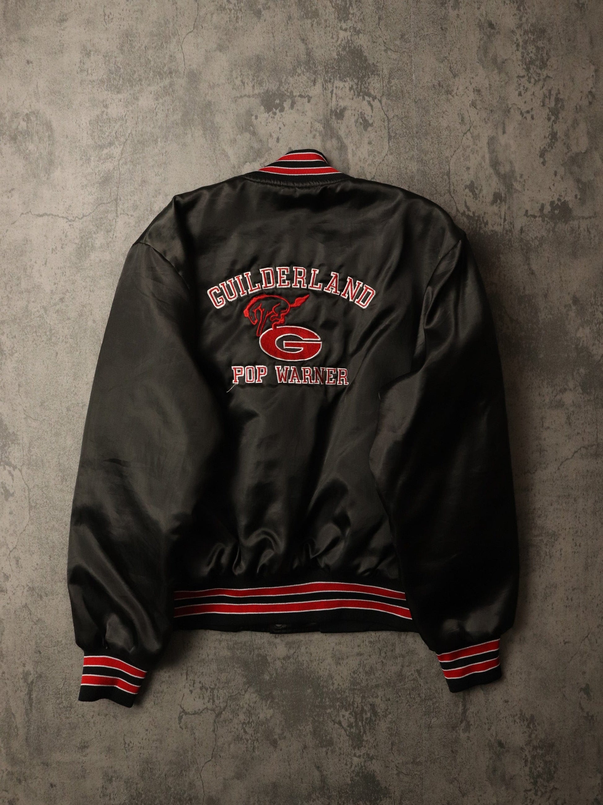 Vintage Guilderland Pop Warner Jacket Mens Large Black Satin Snap On Coat from propervintagecanada