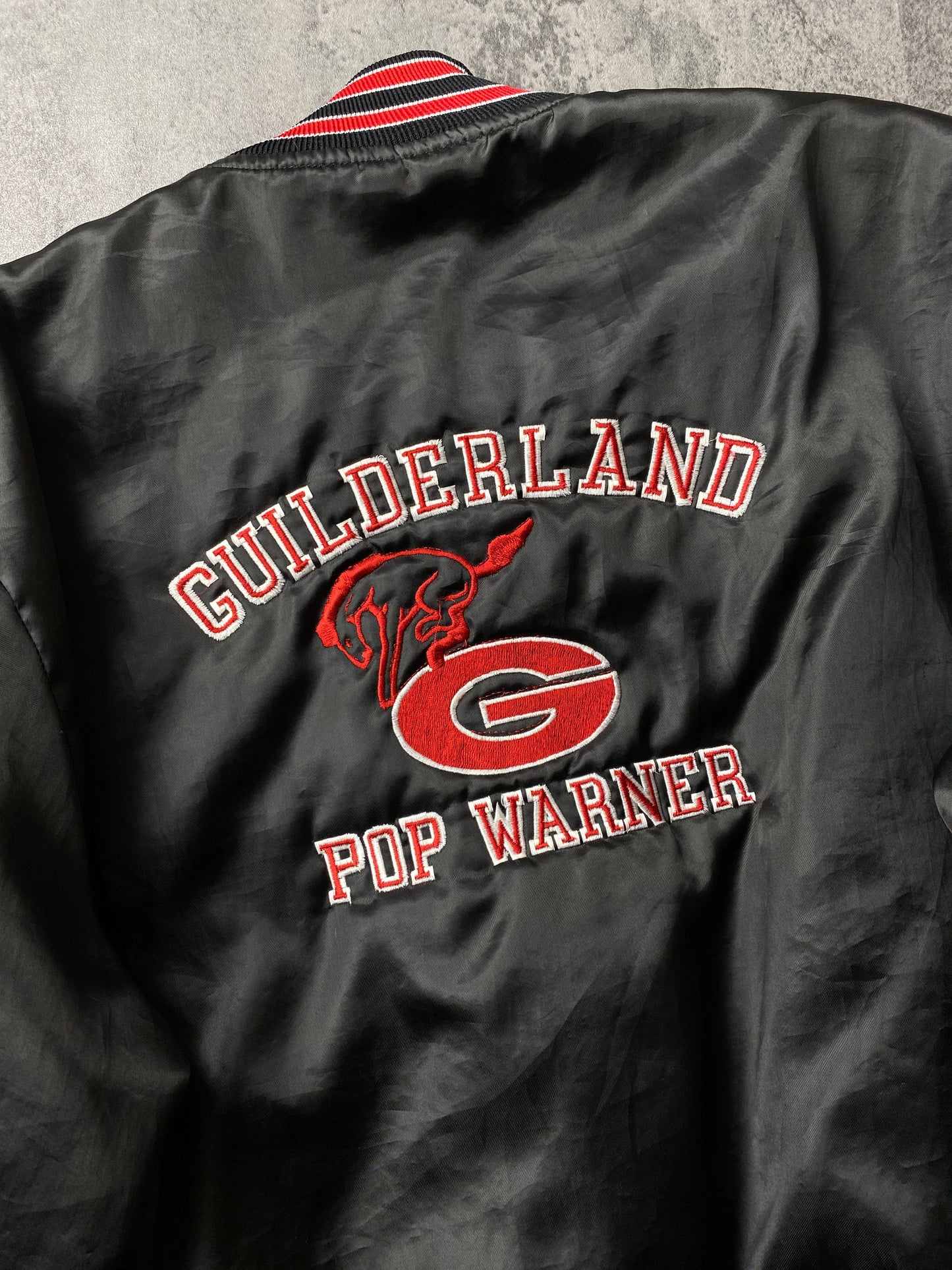 Vintage Guilderland Pop Warner Jacket Mens Large Black Satin Snap On Coat from propervintagecanada