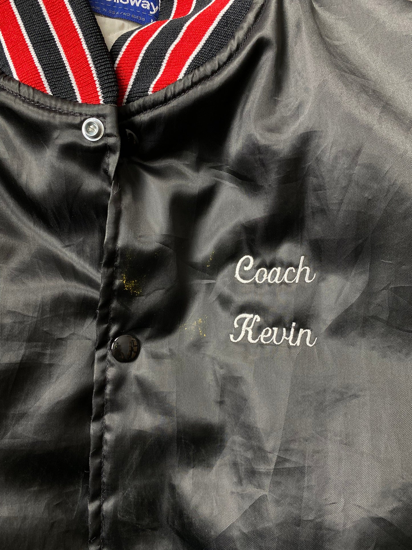 Vintage Guilderland Pop Warner Jacket Mens Large Black Satin Snap On Coat from propervintagecanada