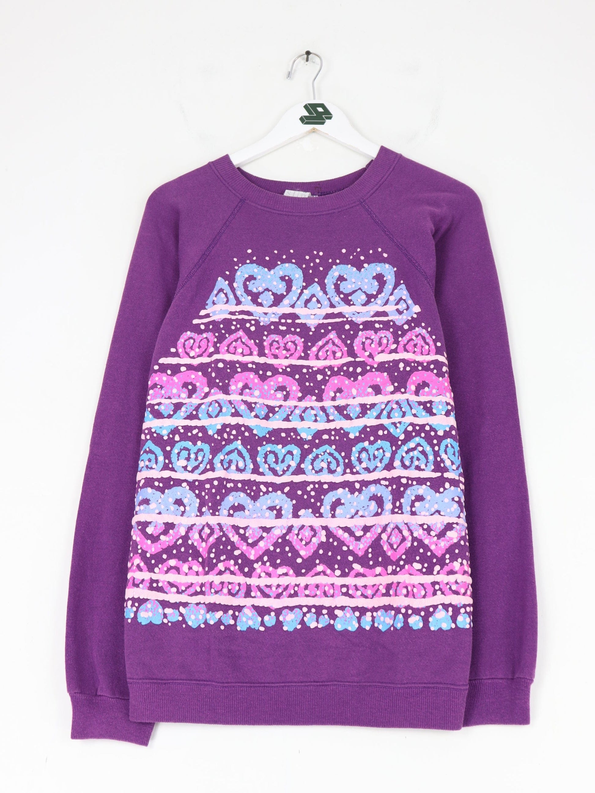 Vintage Hearts Sweatshirt Adult Large Purple Art 90s Sweater from propervintagecanada