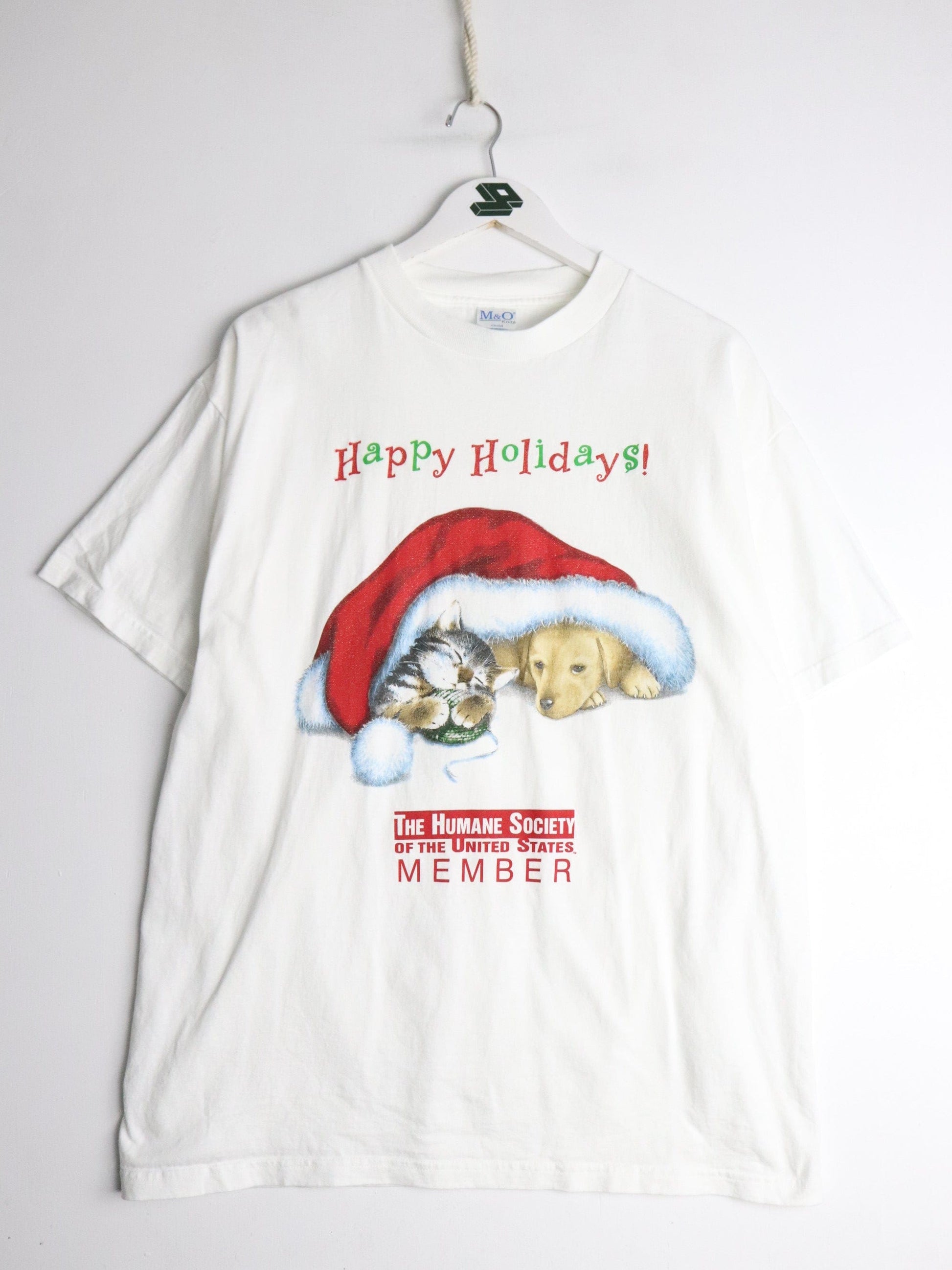 Vintage Humane Society T Shirt Mens Large White Happy Holidays from propervintagecanada