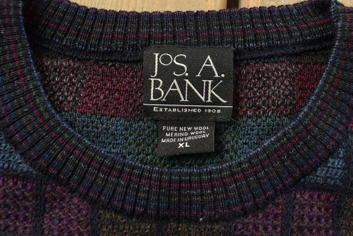 Vintage Jos A Bank Merino Wool Sweater: Geometric Pattern, Crewneck Knit from propervintagecanada