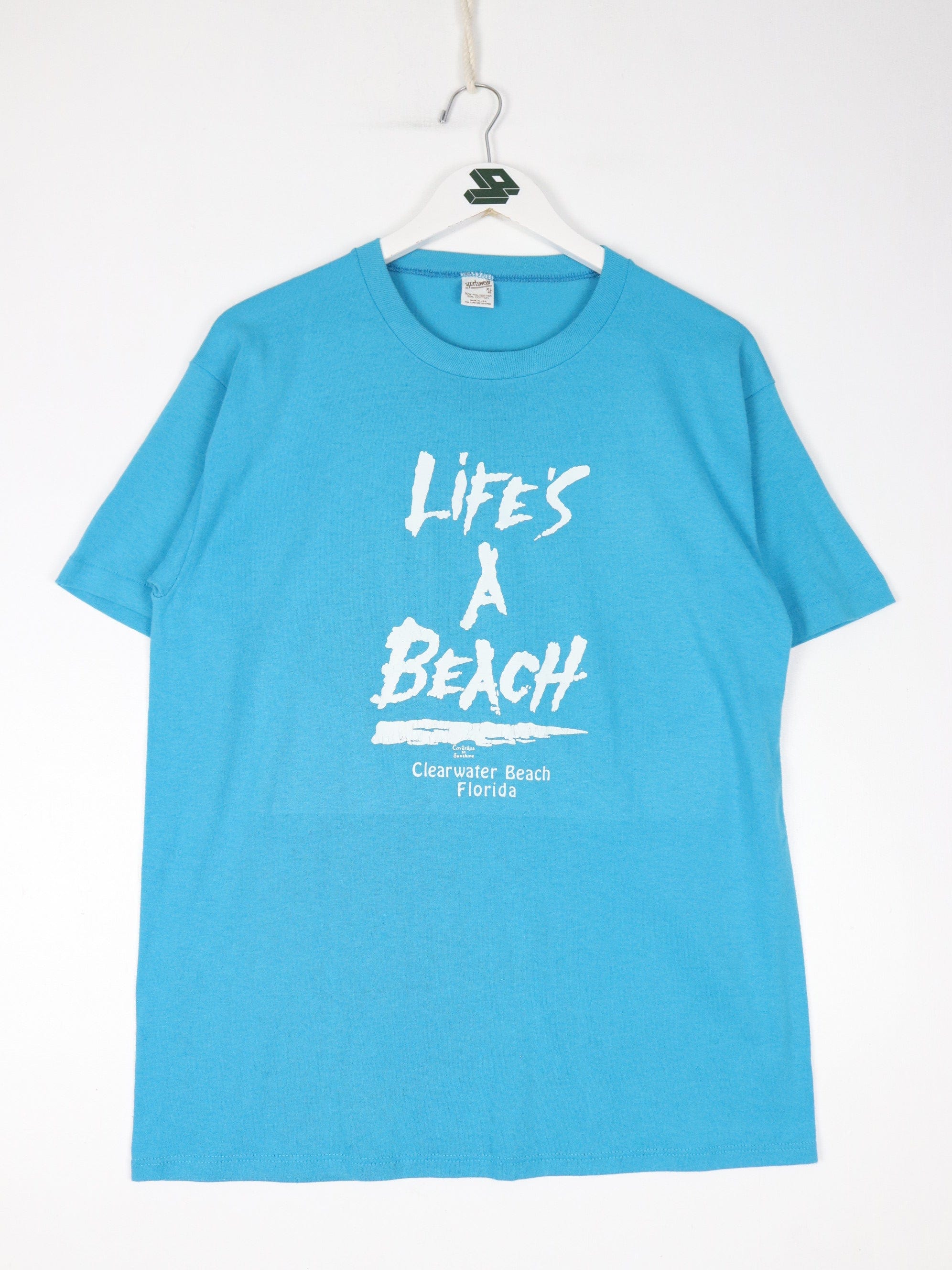 Vintage Life's A Beach T Shirt Fits Mens Large Blue 80s Funny USA