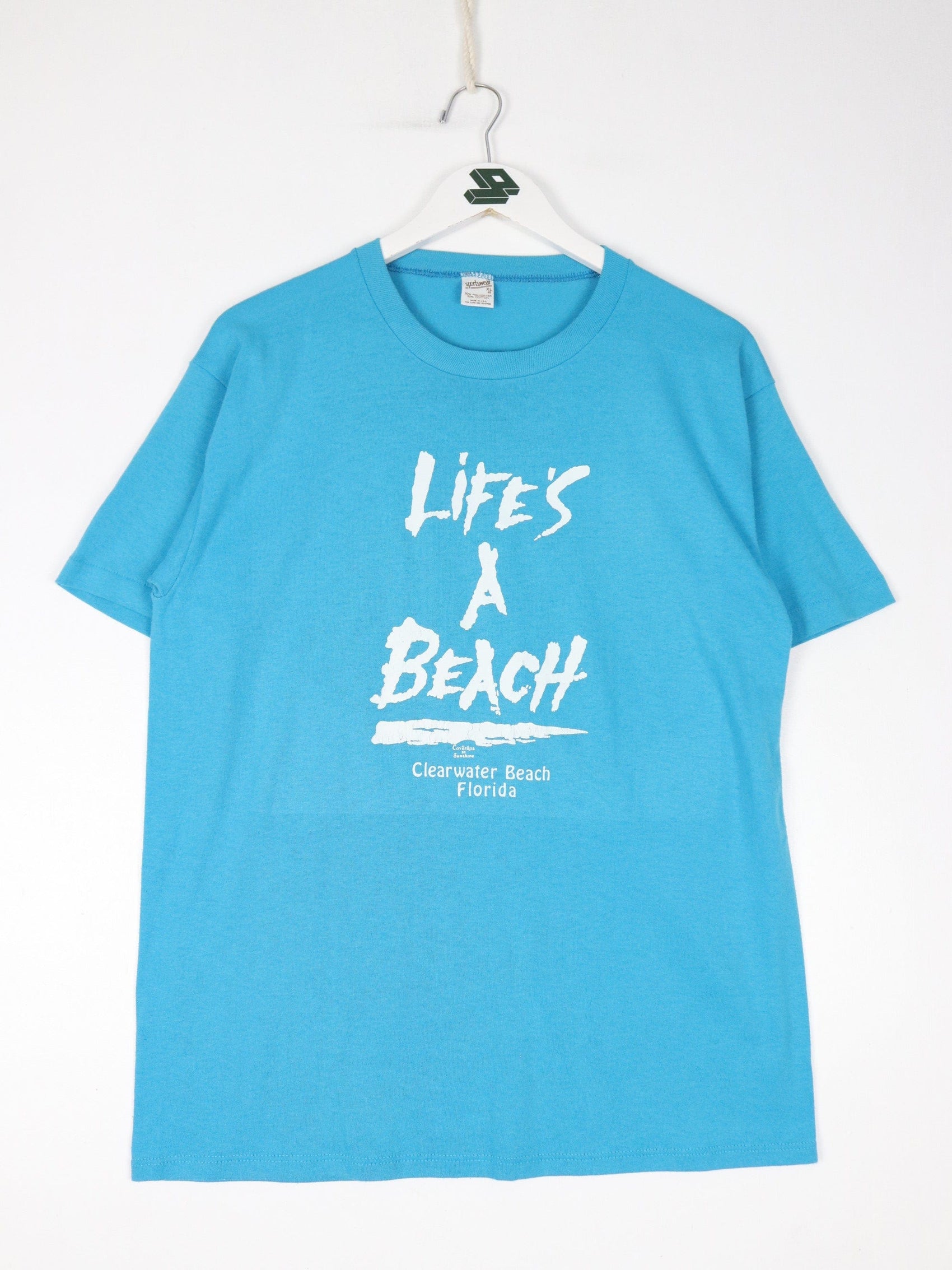 Vintage Life's A Beach T Shirt Fits Mens Large Blue 80s Funny USA