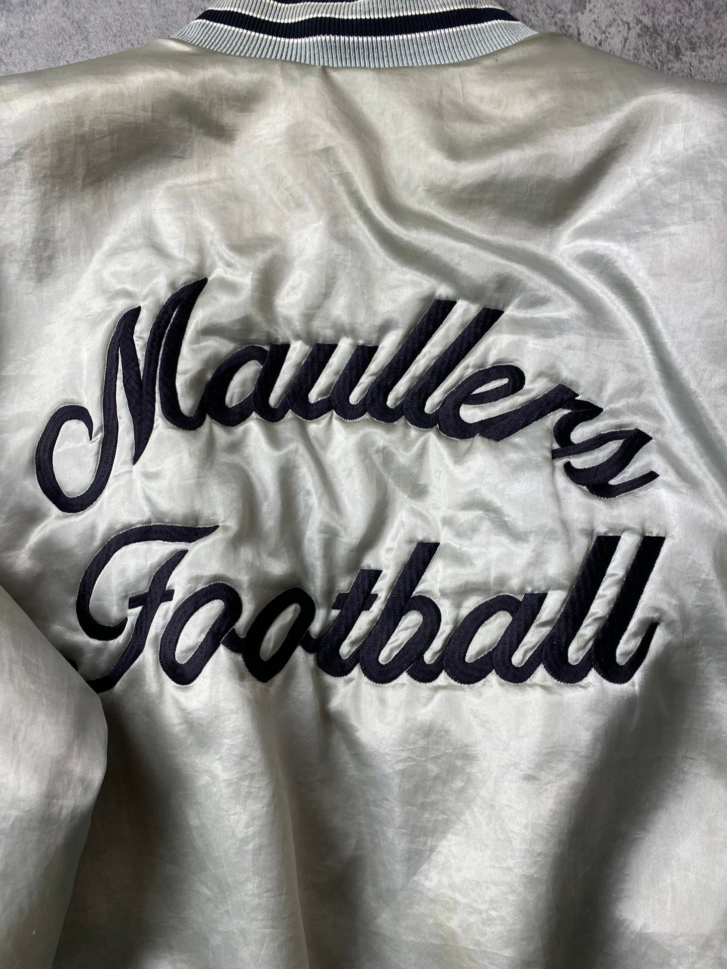 Vintage Maullers Football Jacket Mens Large Grey Satin Snap On Coat from propervintagecanada