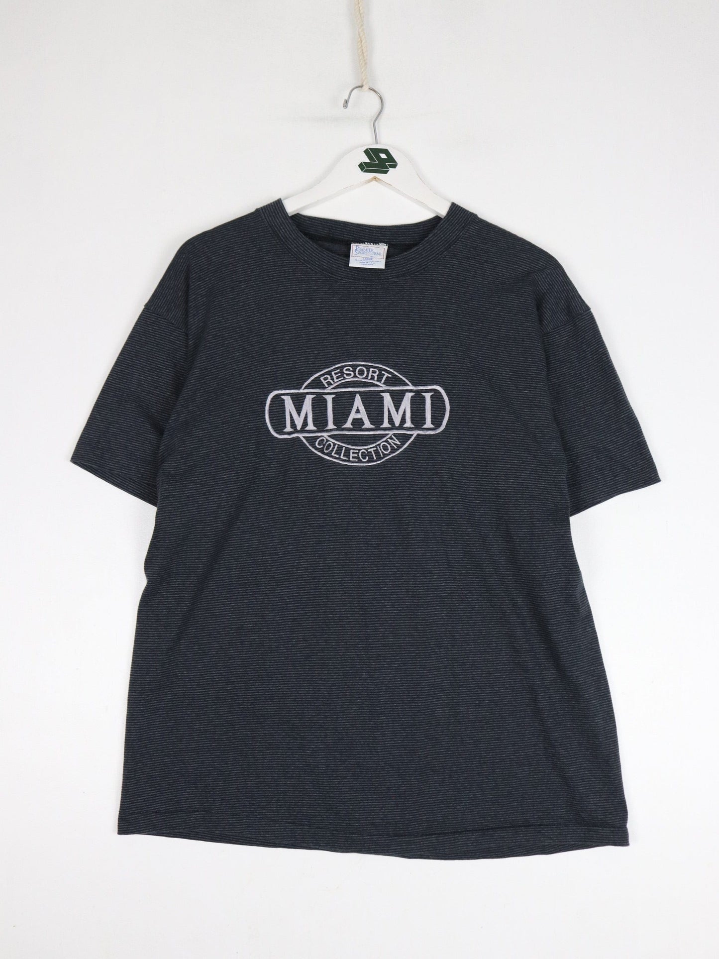 Vintage Miami Resort T Shirt Mens Large Grey Striped
