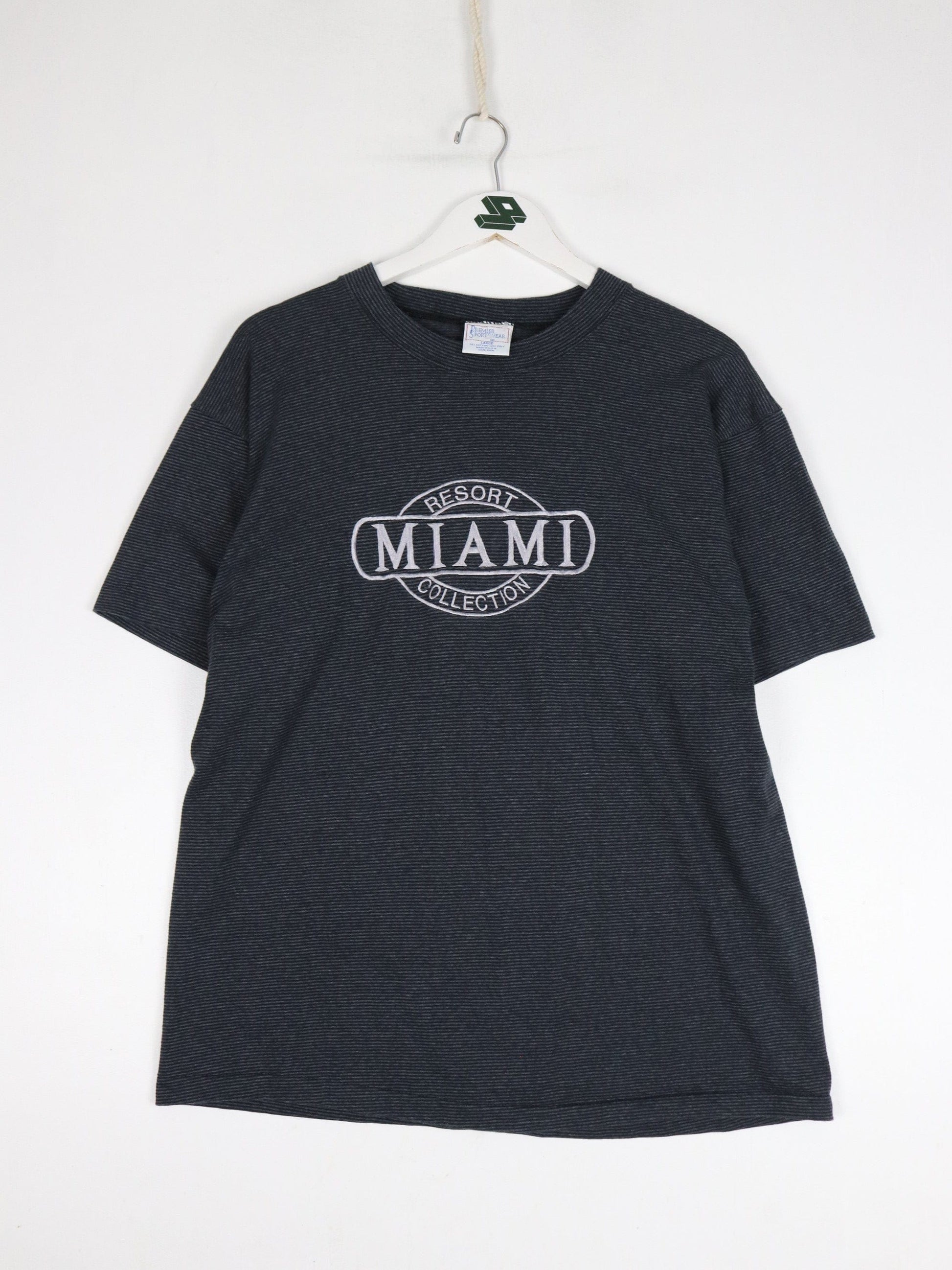 Vintage Miami Resort T Shirt Mens Large Grey Striped