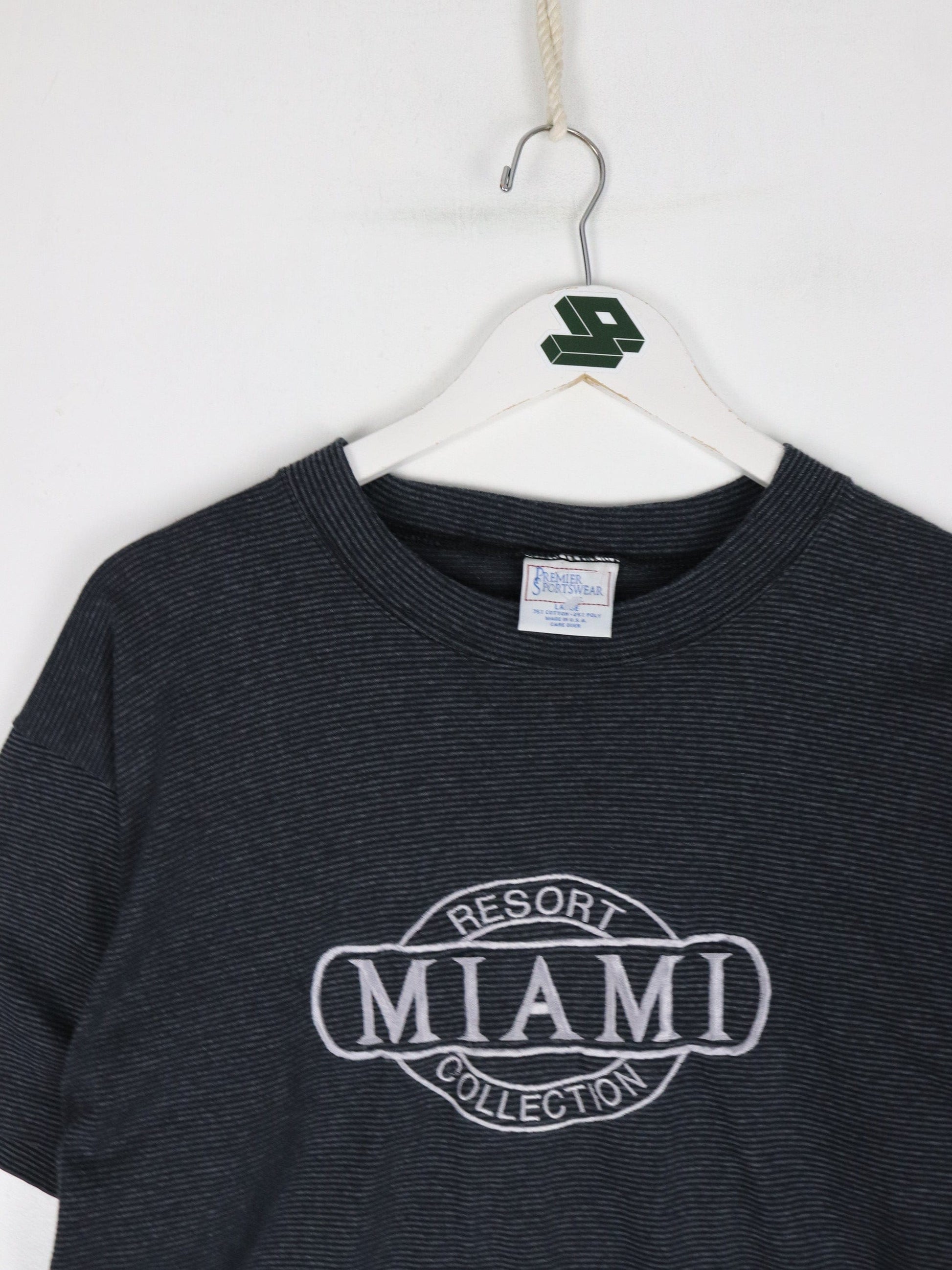 Vintage Miami Resort T Shirt Mens Large Grey Striped