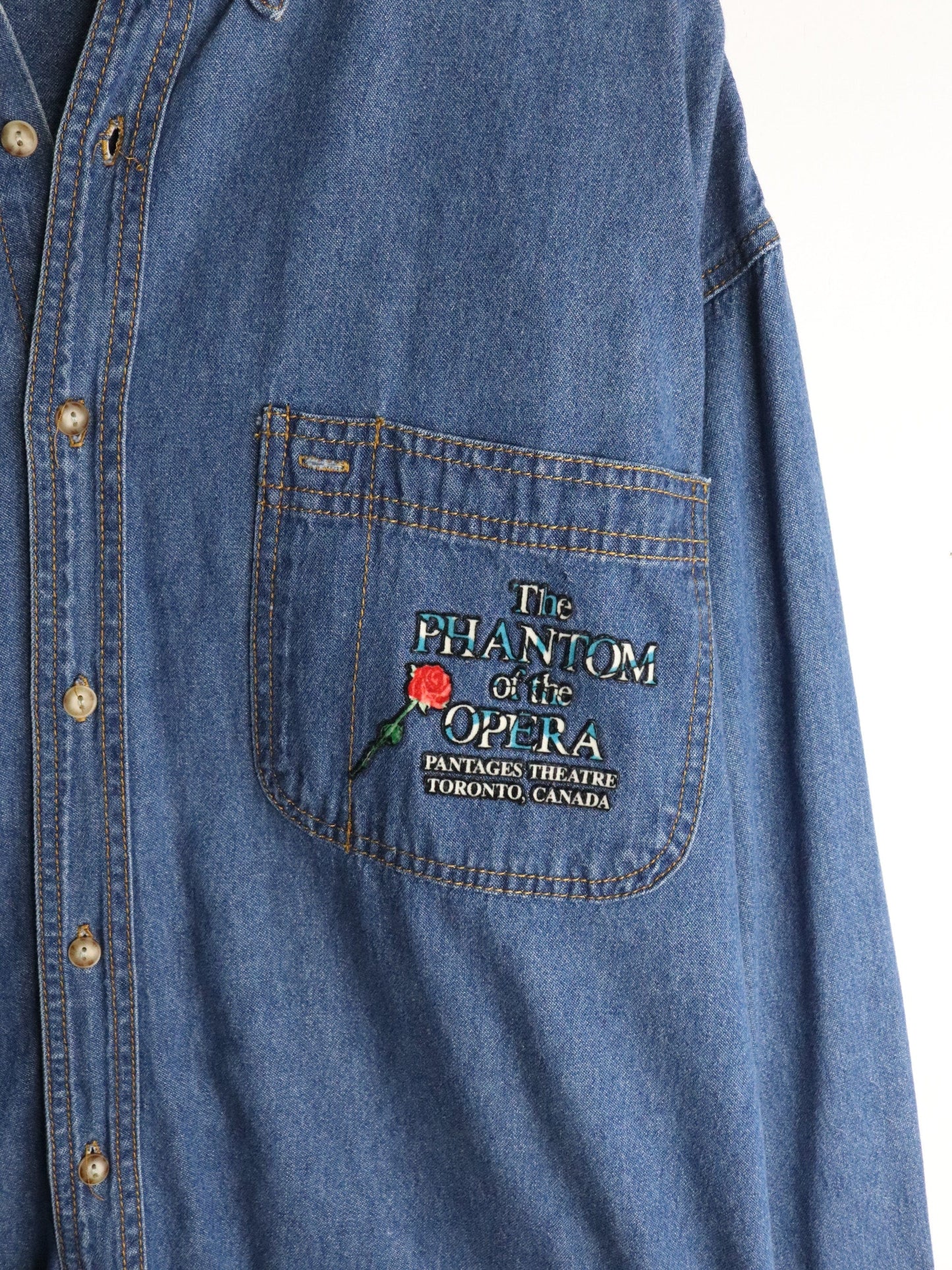 Vintage Phantom of the Opera Shirt Mens Large Denim Button Up from propervintagecanada