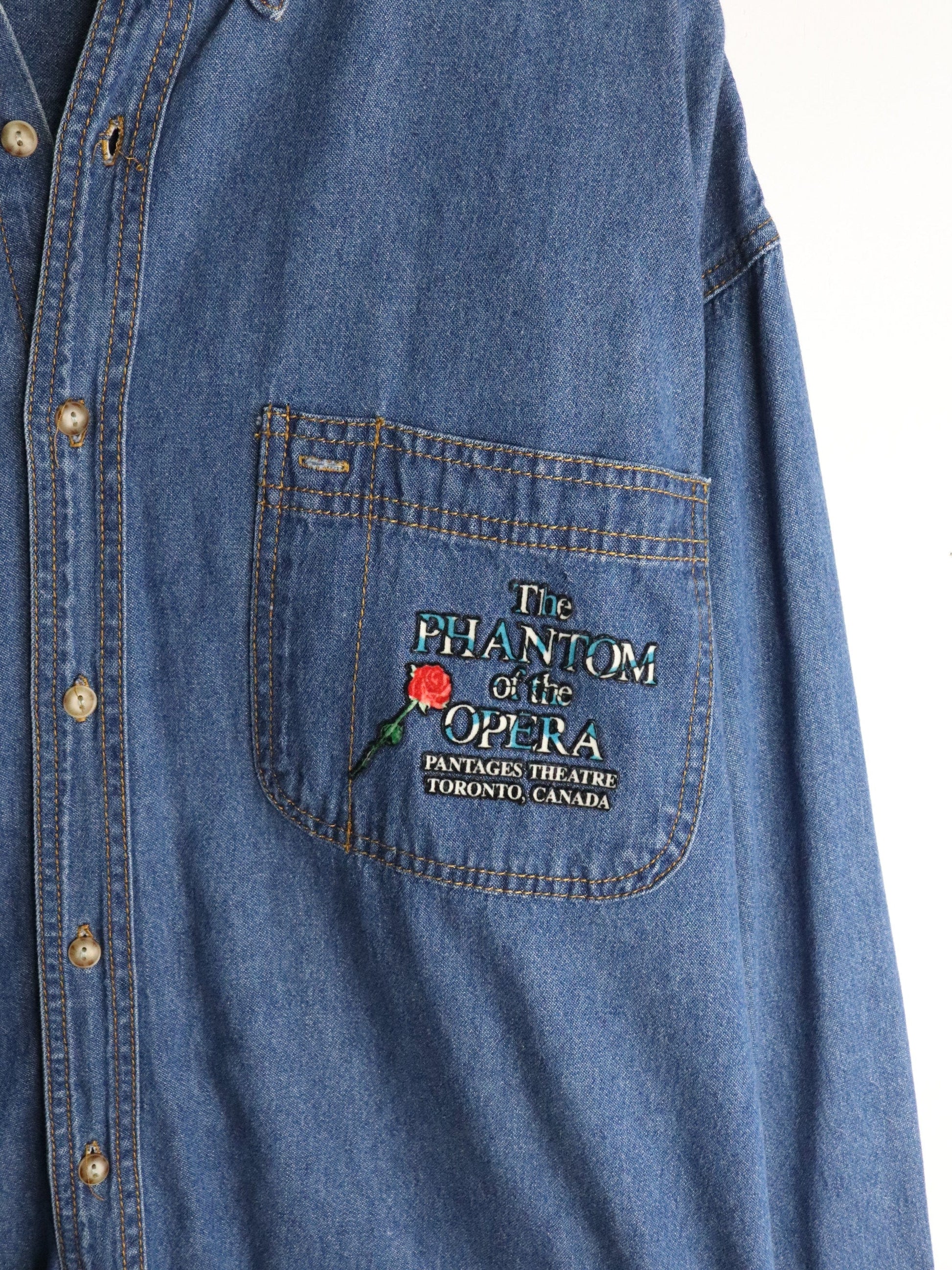 Vintage Phantom of the Opera Shirt Mens Large Denim Button Up from propervintagecanada
