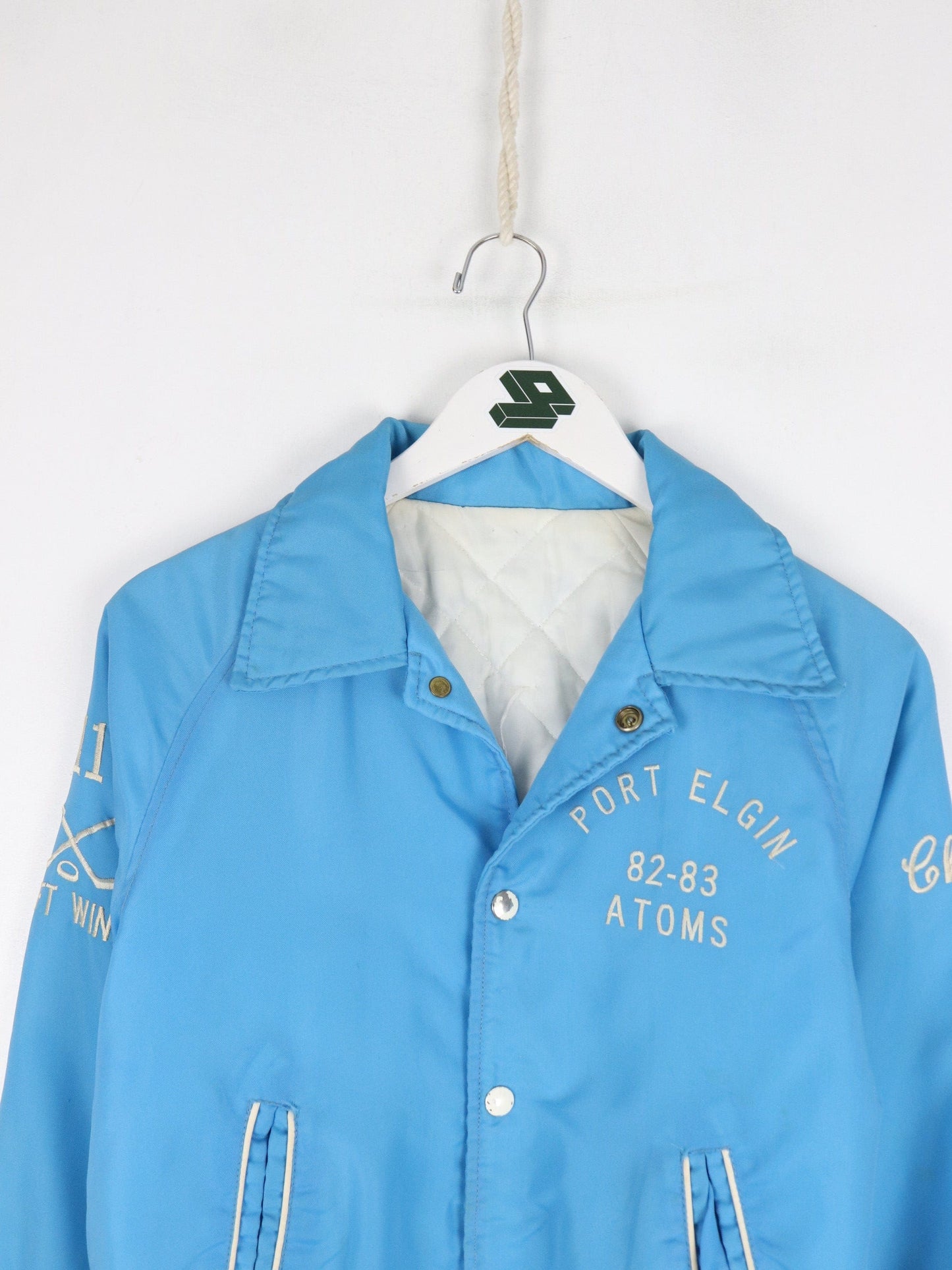 Vintage Port Elgin Atoms Hockey Jacket Youth XL Blue Snap On Pee Wee 80s from propervintagecanada