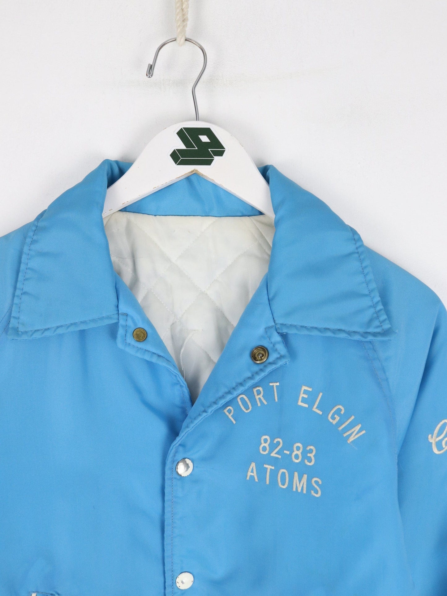 Vintage Port Elgin Atoms Hockey Jacket Youth XL Blue Snap On Pee Wee 80s from propervintagecanada