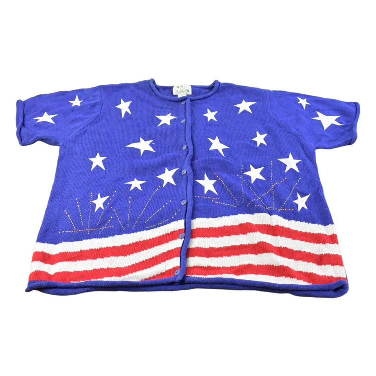 Vintage Quaker Factory American Flag Knit Short Sleeve Sweater Women's 2X from propervintagecanada