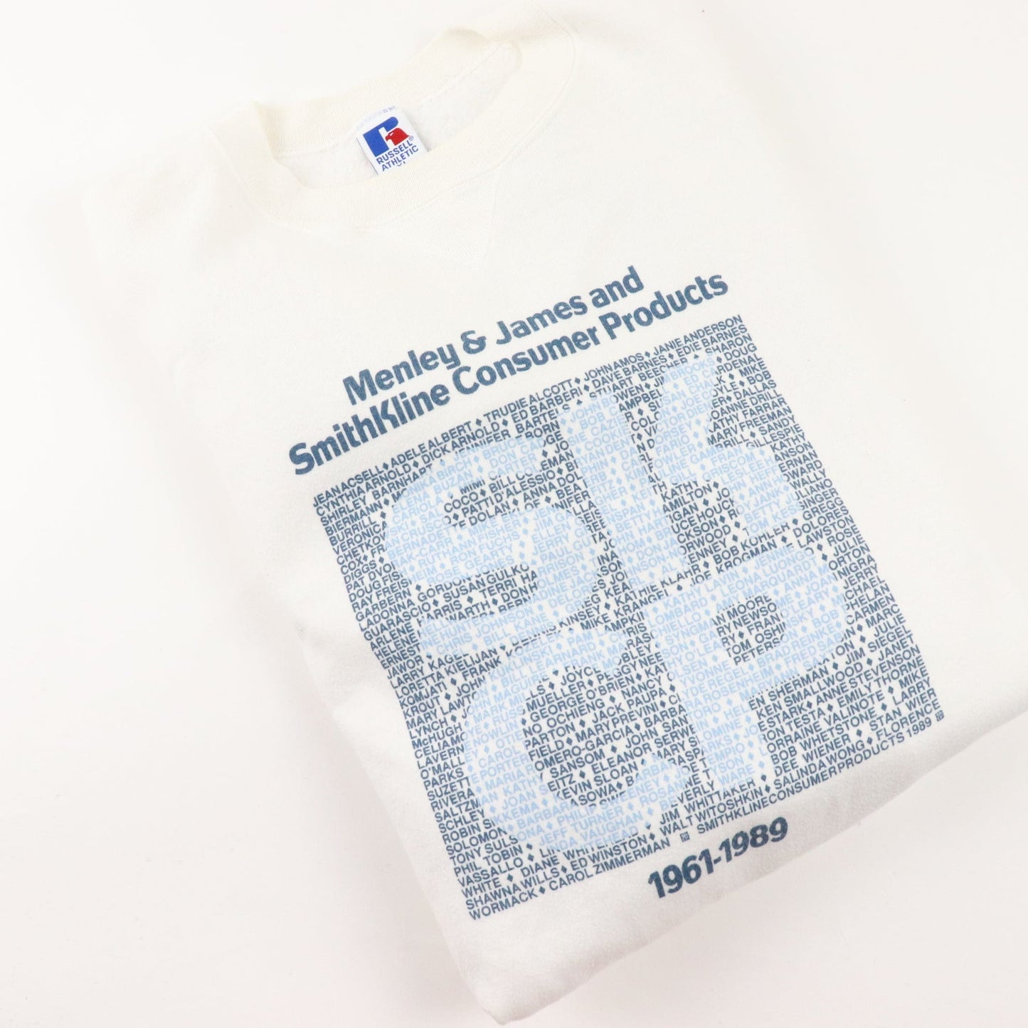 Vintage Russell Athletic Sweatshirt Fits Mens Large White SmithKline Consumer Products Sweater from propervintagecanada