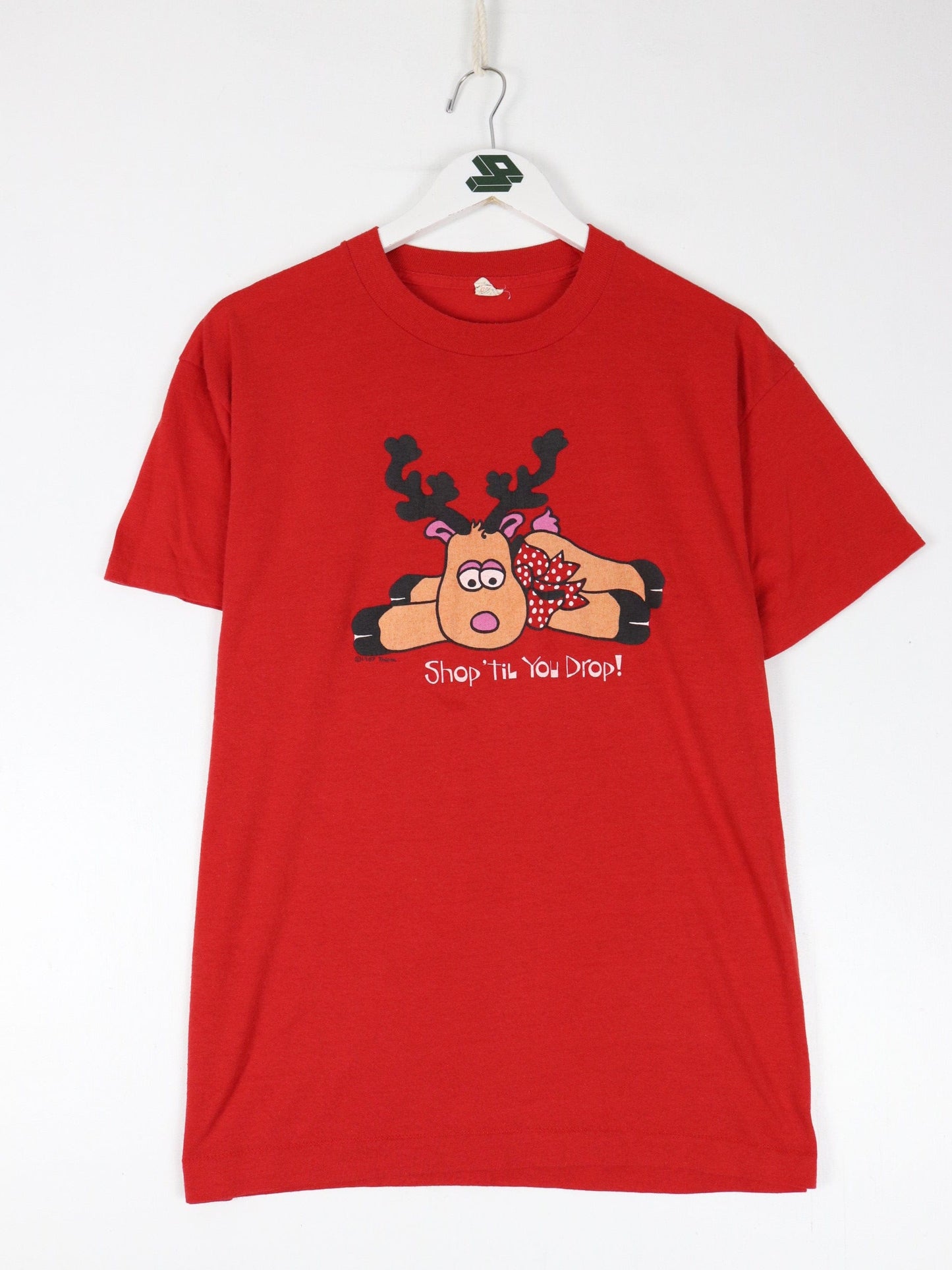 Vintage Shop 'Til You Drop T Shirt Fits Mens L Red 80s Holidays