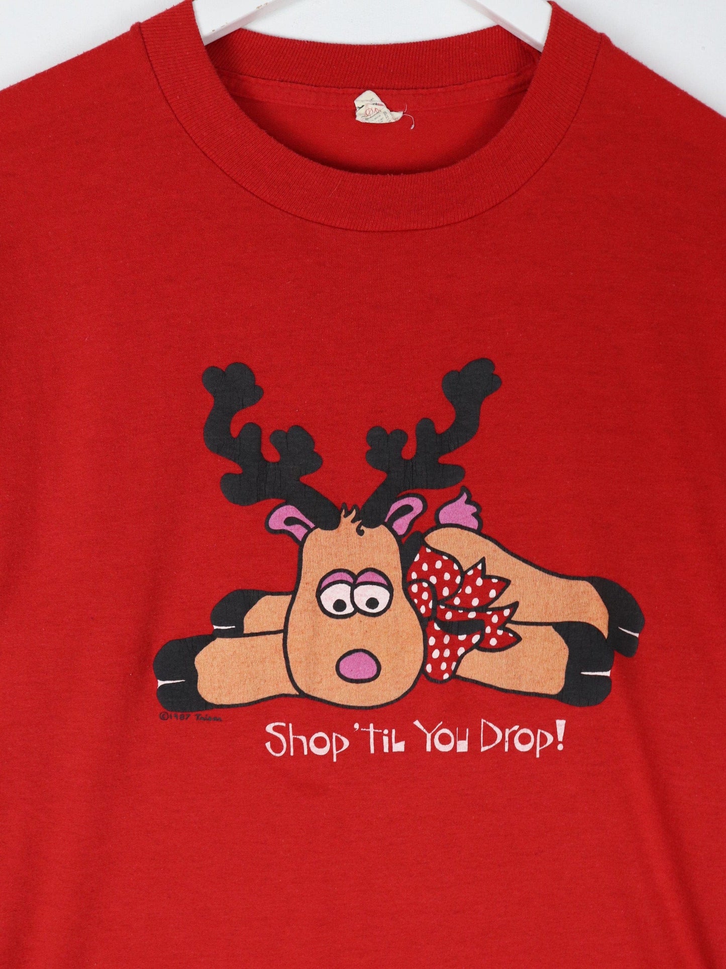 Vintage Shop 'Til You Drop T Shirt Fits Mens L Red 80s Holidays