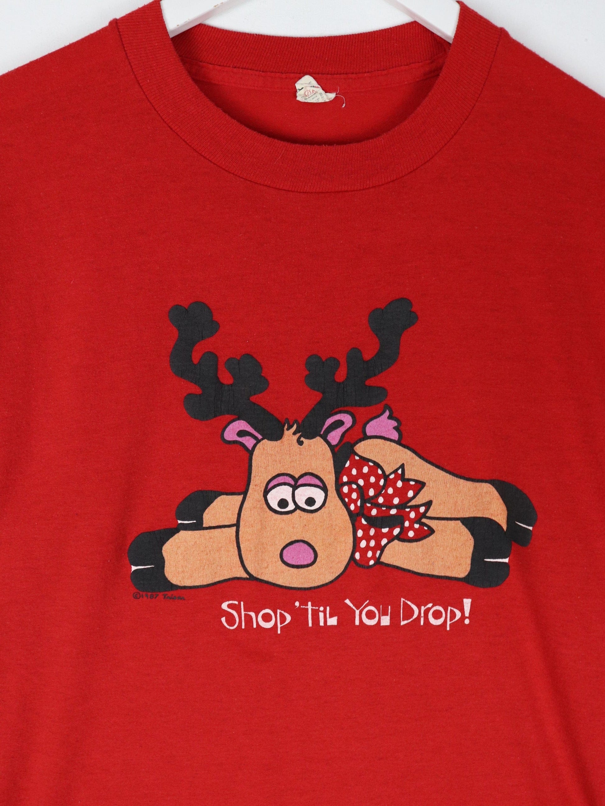 Vintage Shop 'Til You Drop T Shirt Fits Mens L Red 80s Holidays