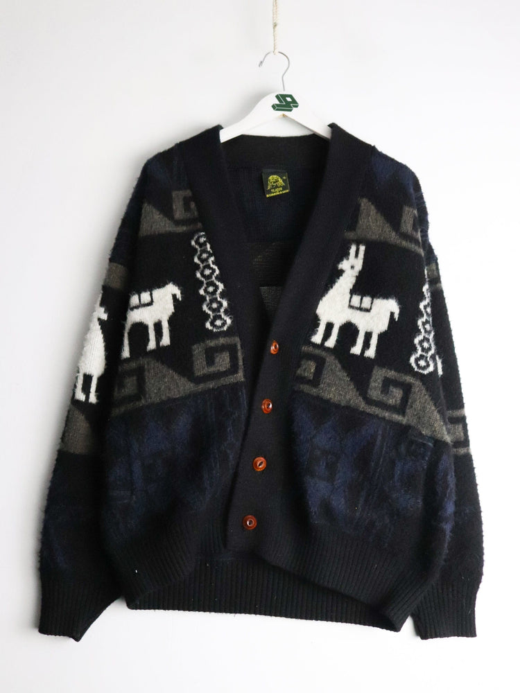 Vintage Tejidos Ruminahui Sweater Mens XL Blak Wool Cardigan from propervintagecanada