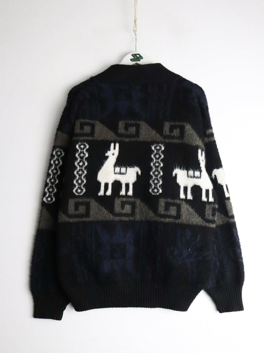 Vintage Tejidos Ruminahui Sweater Mens XL Blak Wool Cardigan from propervintagecanada