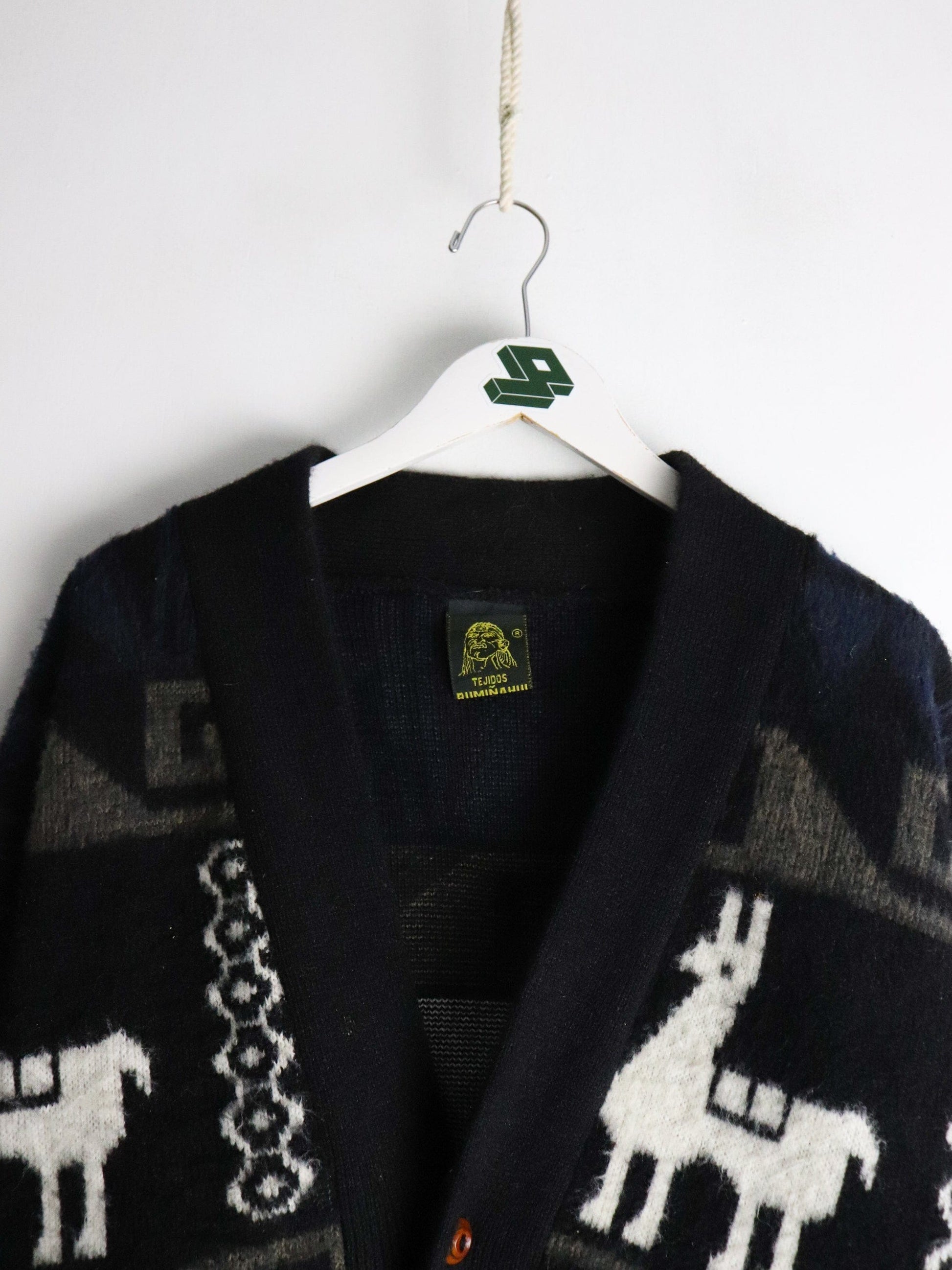 Vintage Tejidos Ruminahui Sweater Mens XL Blak Wool Cardigan from propervintagecanada