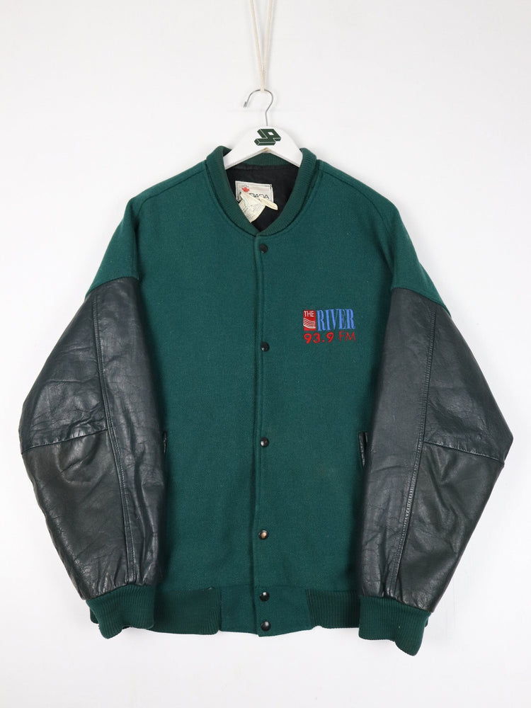Vintage The River 93.9 Jacket Fits Mens XL Green Leather Wool Varsity from propervintagecanada