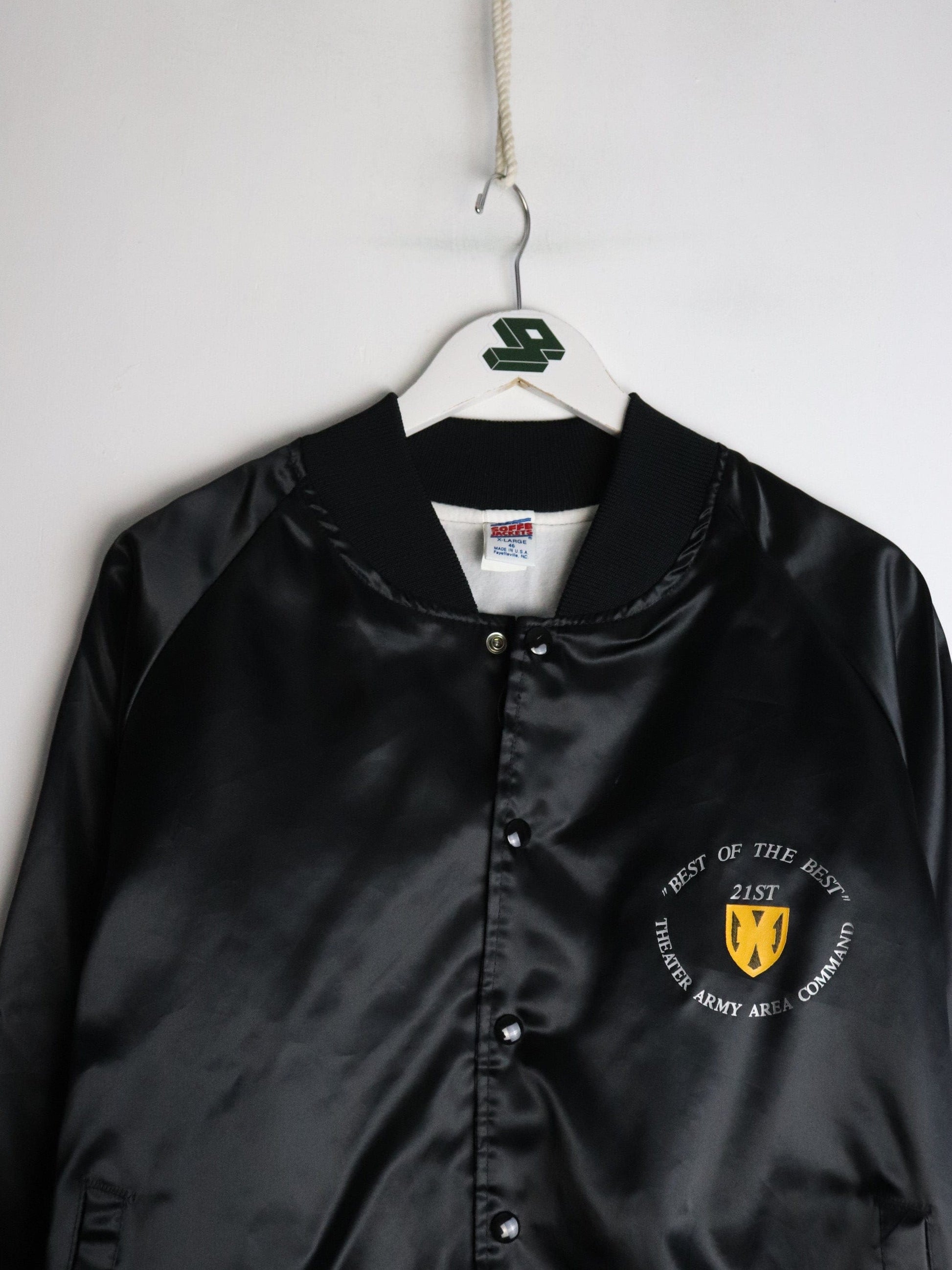 Vintage Theater Army Area Command Satin Jacket Mens XL Black from propervintagecanada