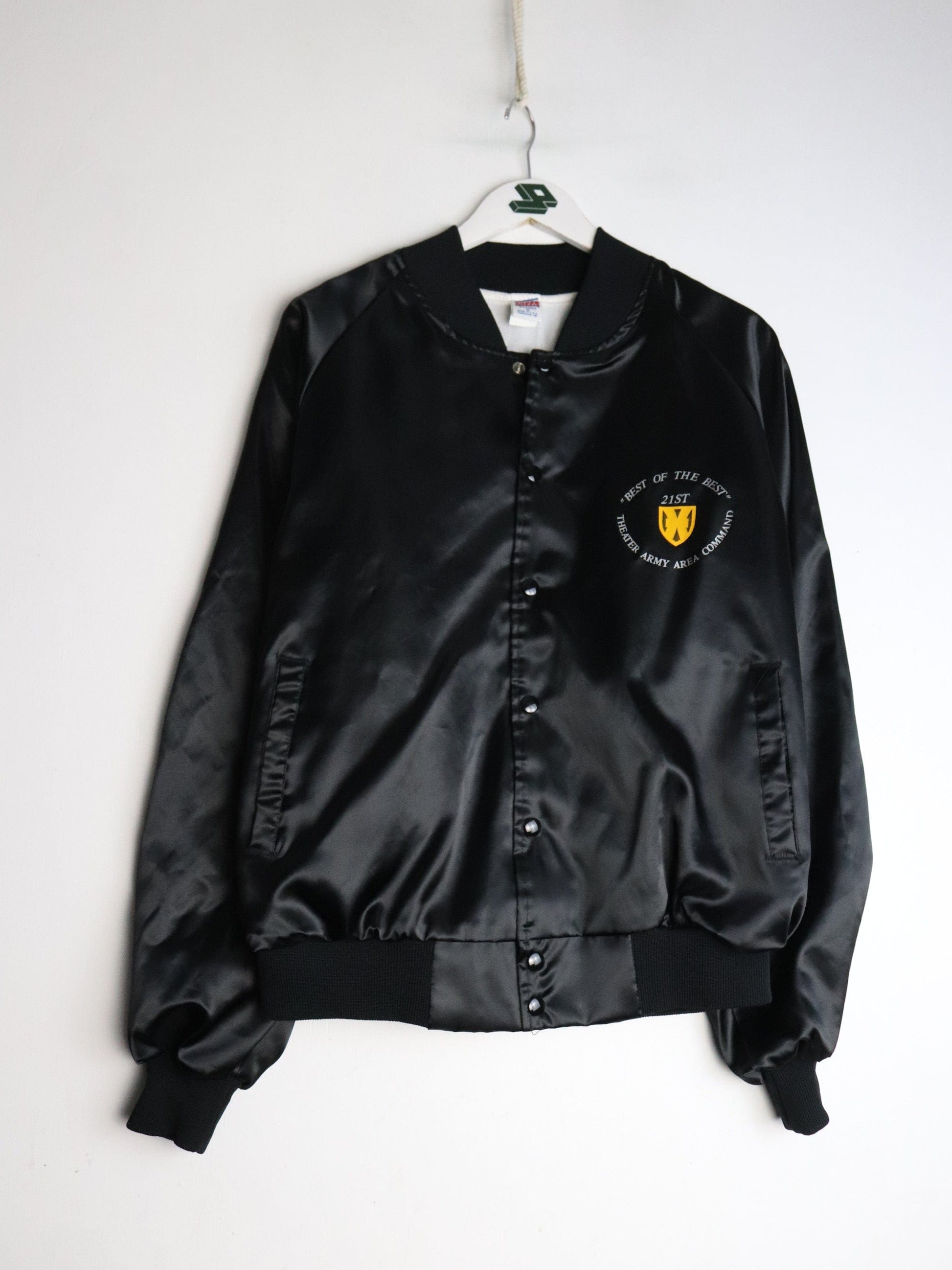 Vintage Theater Army Area Command Satin Jacket Mens XL Black from propervintagecanada