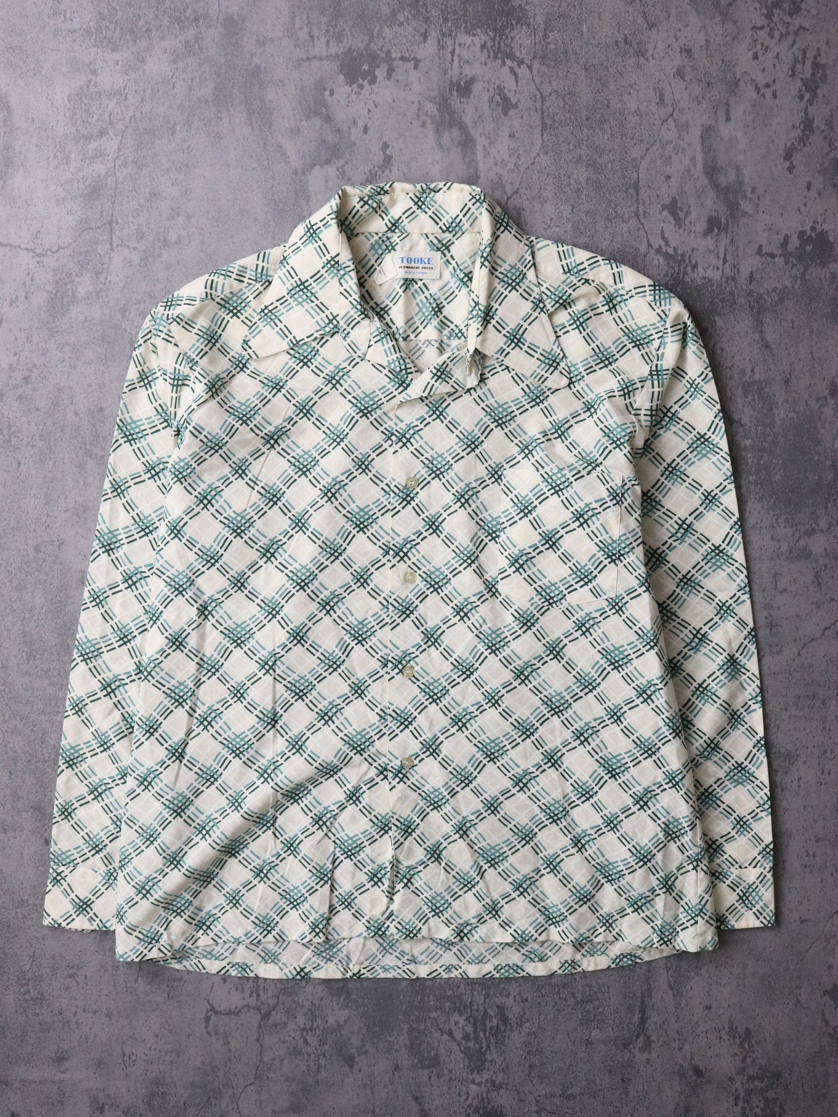 Vintage Tooke Shirt Mens Large Beige Button Up Pattern 70s 80s