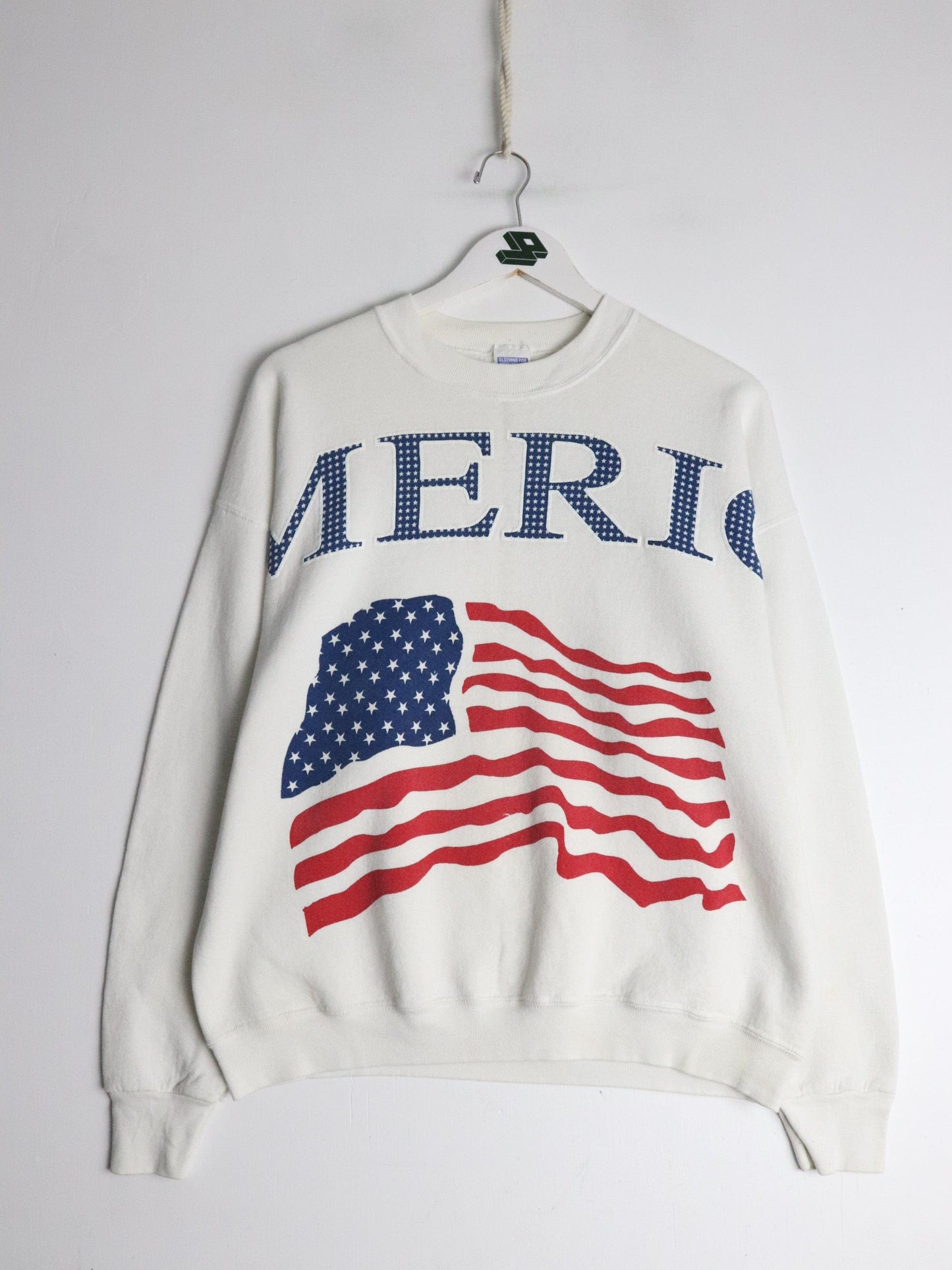 Vintage U.S.A. Flag Sweatshirt Fits Mens Medium White 90s from propervintagecanada