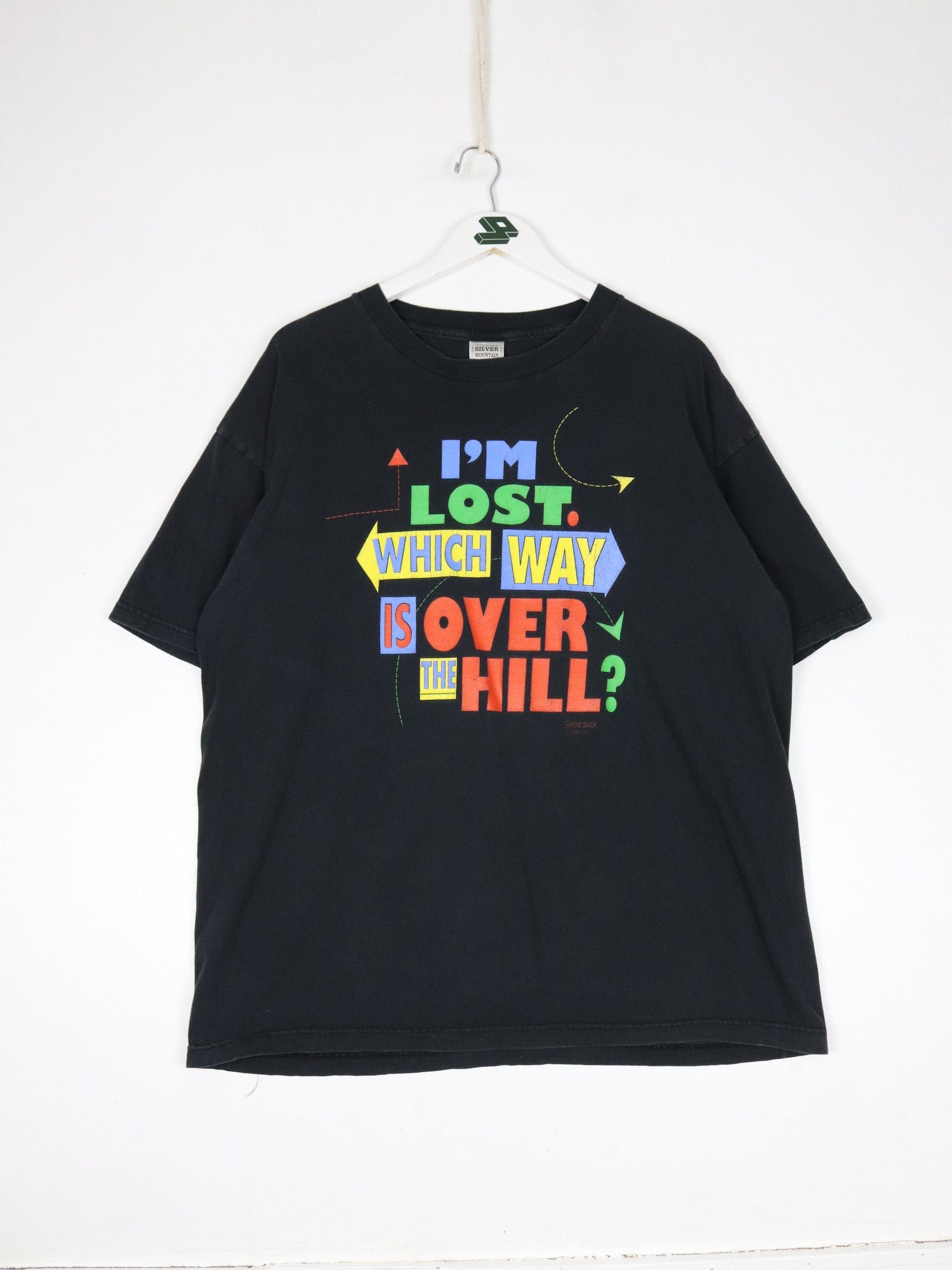 Vintage Which Way Is Over The Hill T Shirt Mens XL Black Funny 90s