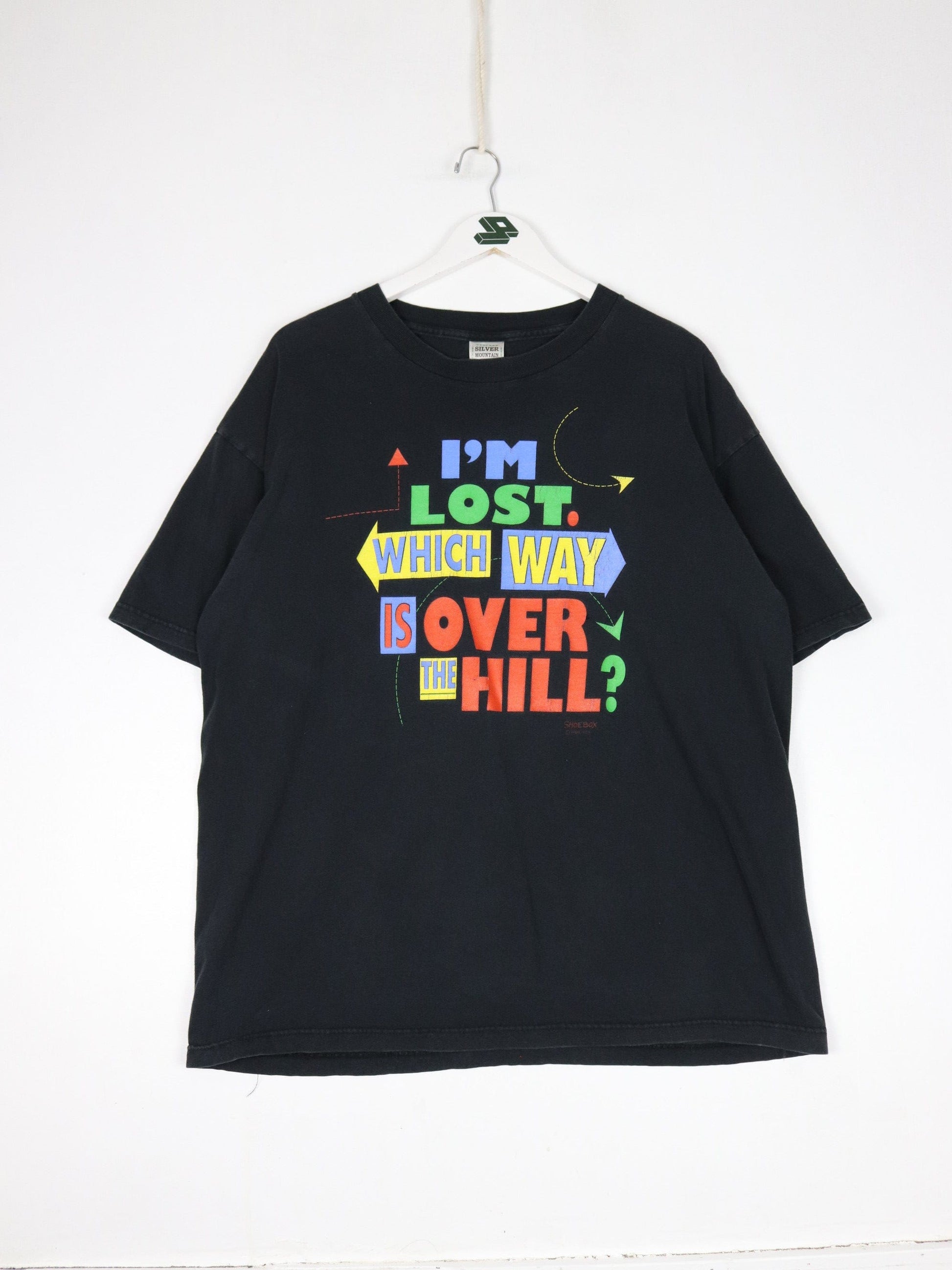 Vintage Which Way Is Over The Hill T Shirt Mens XL Black Funny 90s