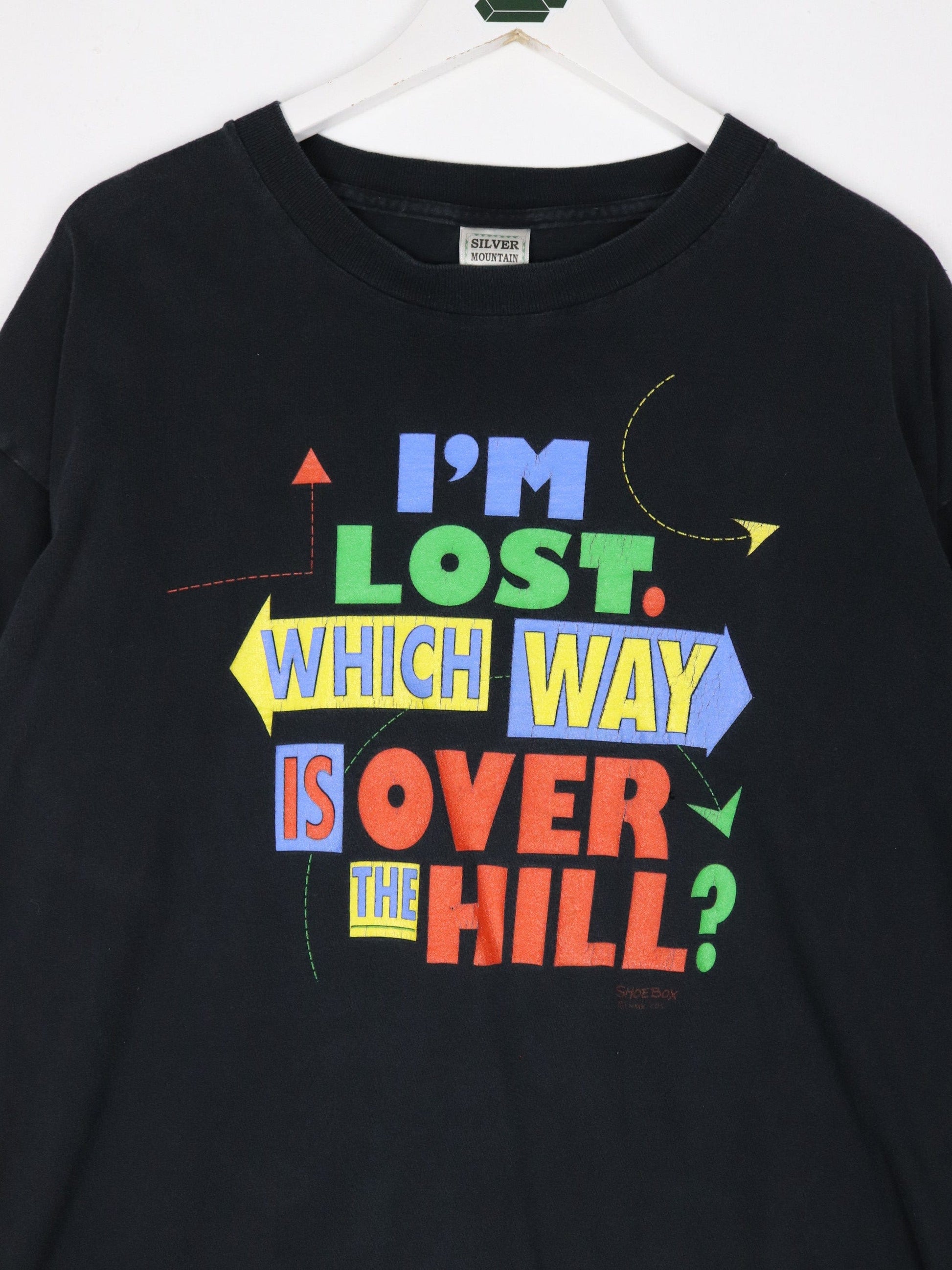 Vintage Which Way Is Over The Hill T Shirt Mens XL Black Funny 90s