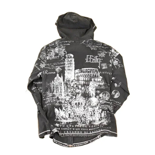 Vintage Y2K AOP Italy Graphic Print Hooded Sweatshirt Women's S from propervintagecanada