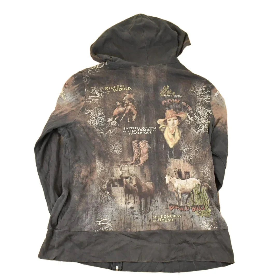 Vintage Y2K Buffalo Bill AOP Zip Up Hoodie Shirt Womens L from propervintagecanada