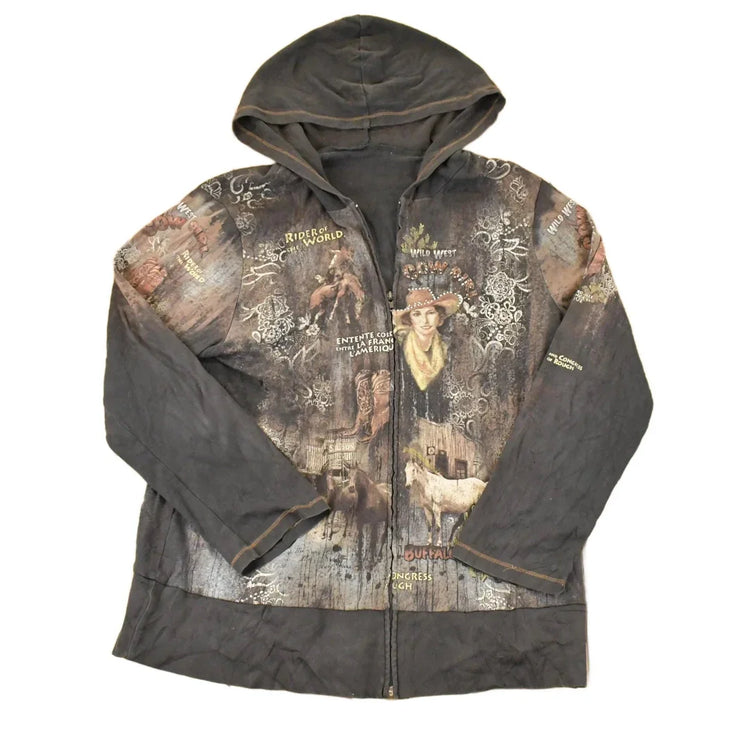 Vintage Y2K Buffalo Bill AOP Zip Up Hoodie Shirt Womens L from propervintagecanada