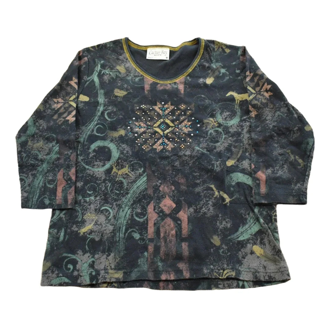 Vintage Y2K Cactus Bay Abstract Print AOP Crewneck Shirt Women's M from propervintagecanada