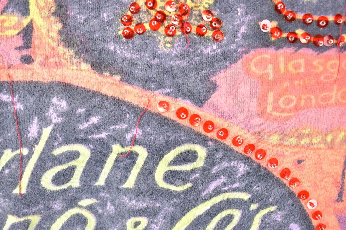 Vintage Y2K Cakes And Cafe Abstract Print AOP Crewneck Shirt Women's Cropped M / 2000's Cafe Destination Sweater from propervintagecanada