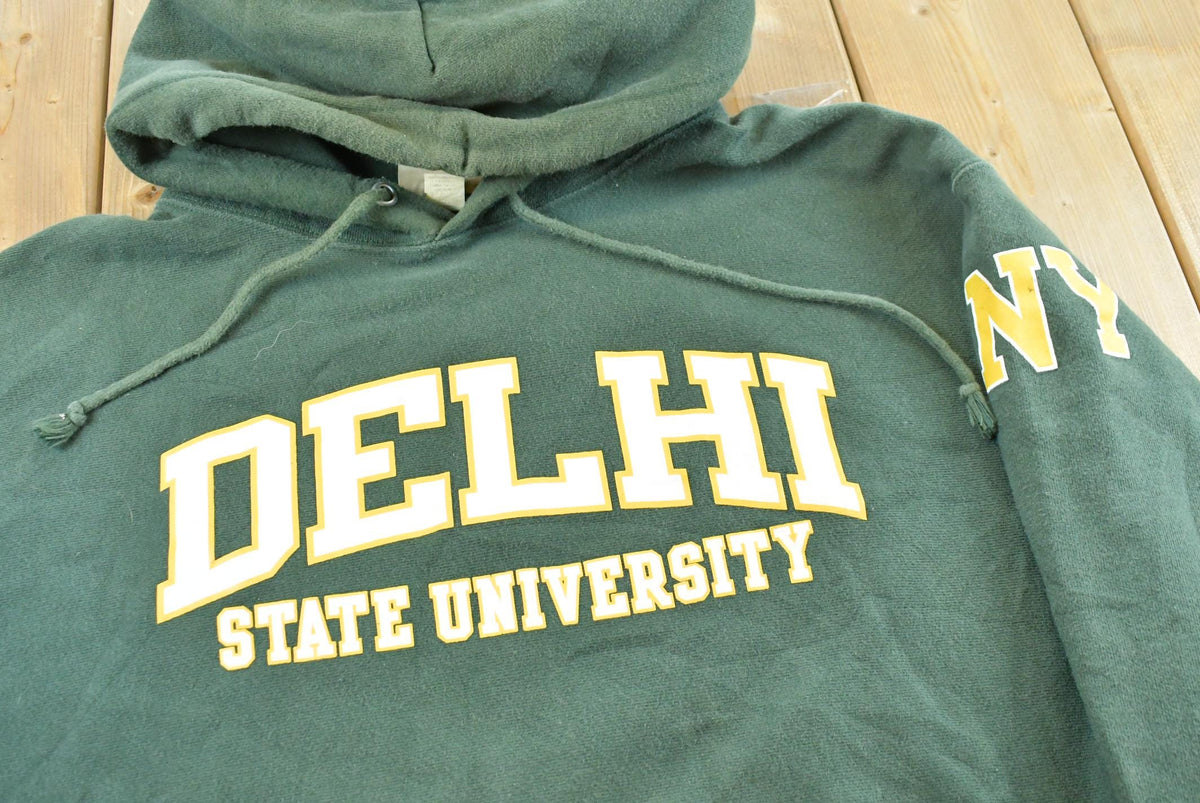 Vintage Y2K Champion Delhi State University Collegiate Reverse Weave Hoodie Men's 2XL from propervintagecanada