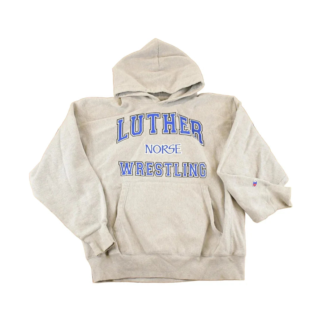 Vintage Y2K Champion Reverse Weave Hoodie: Luther Norse Wrestling, Mens XL from propervintagecanada