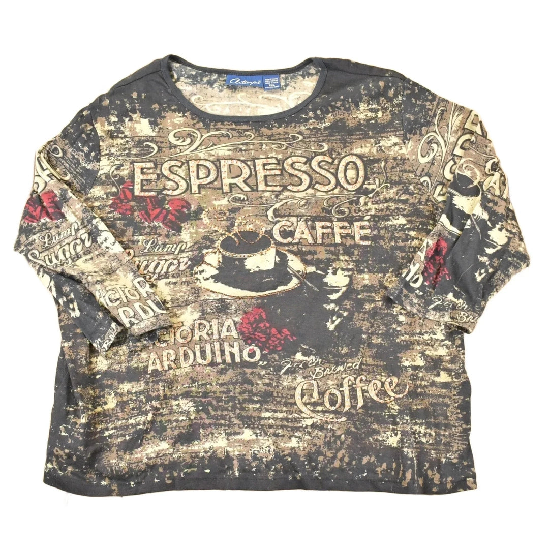 Vintage Y2K Espresso Coffee AOP Crewneck Shirt Women's XXL from propervintagecanada