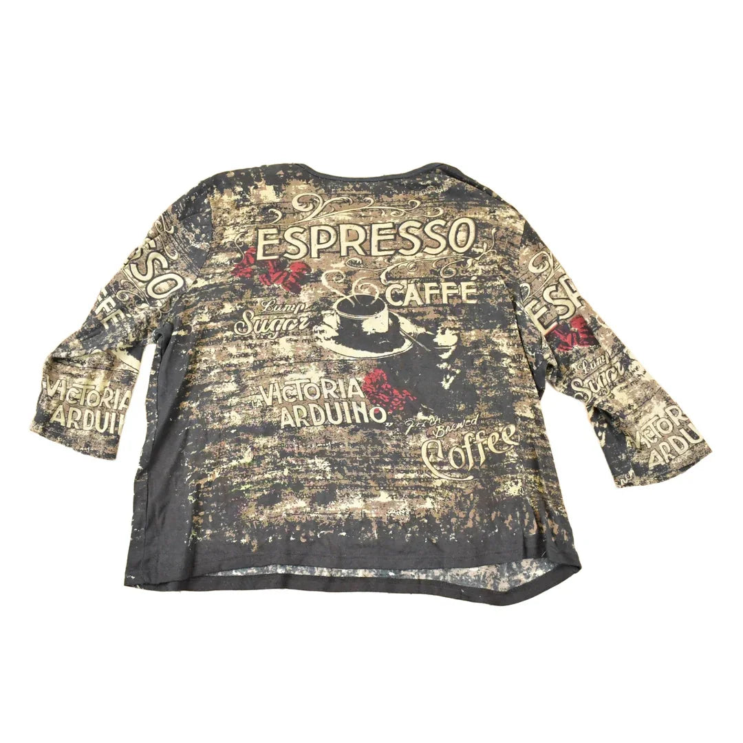 Vintage Y2K Espresso Coffee AOP Crewneck Shirt Women's XXL / 2000's Cafe Destination Sweater from propervintagecanada