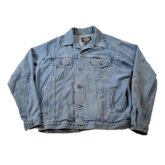Vintage Y2K Harley Davidson Motorcycles Embroidered Jean Jacket Men's L from propervintagecanada