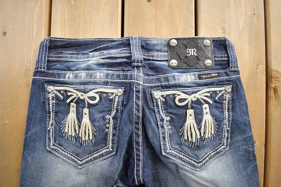 Vintage Y2K Miss Me Bedazzled Embroidered Boot Cut Low Rise Jeans Size 26x33 from propervintagecanada