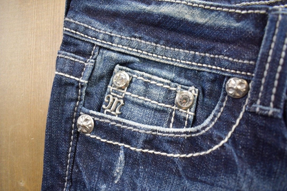 Vintage Y2K Miss Me Bedazzled Embroidered Boot Cut Low Rise Jeans Size 26x33 from propervintagecanada