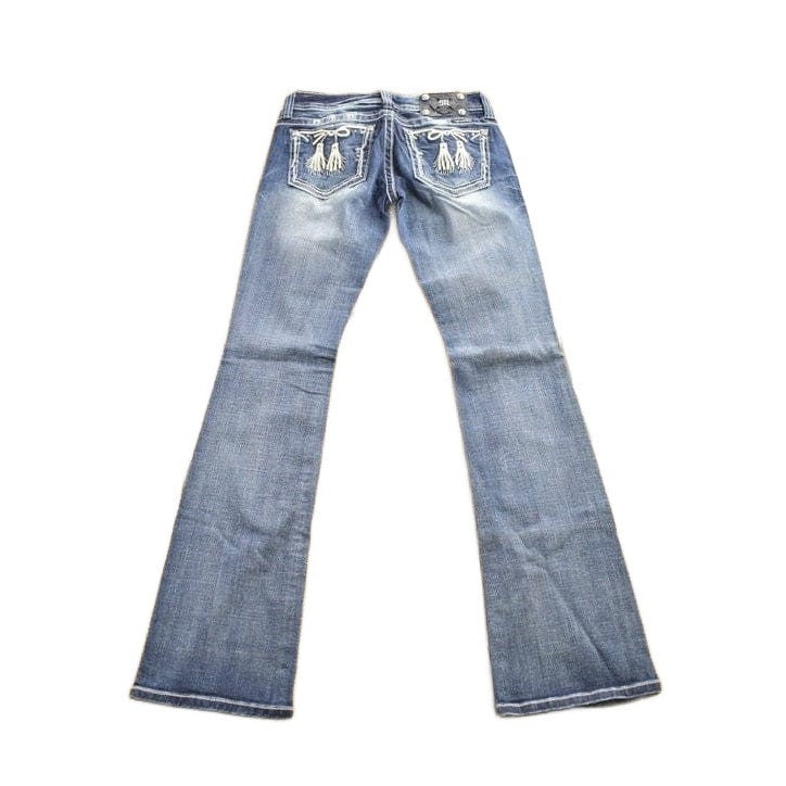 Vintage Y2K Miss Me Bedazzled Embroidered Boot Cut Low Rise Jeans Size 26x33 from propervintagecanada