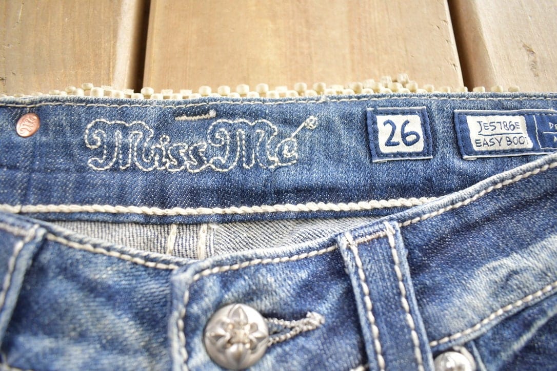 Vintage Y2K Miss Me Bedazzled Embroidered Boot Cut Low Rise Jeans Size 26x33 from propervintagecanada
